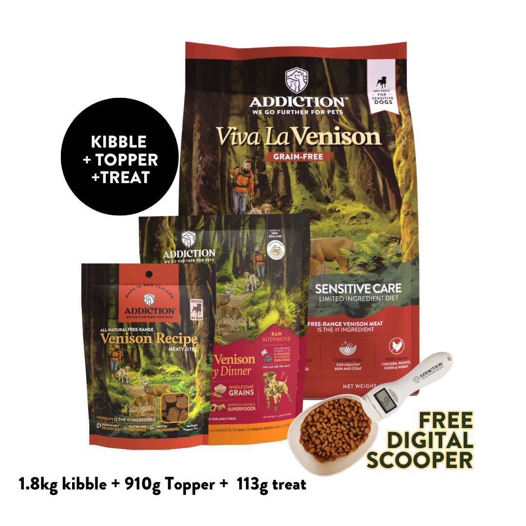 Viva La Venison Dry & Treats Starter Bundle - 1.8kg Dry, 910g Topper & 113g Treat