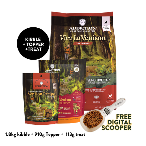 Viva La Venison Dry & Treats Starter Bundle - 1.8kg Dry, 910g Topper & 113g Treat