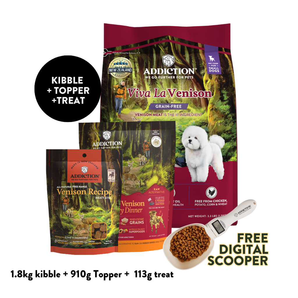 Venison Small Dog Dry & Treats Starter Bundle - 1.8kg Dry, 910g Topper & 113g Treat