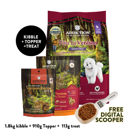 Venison Small Dog Dry & Treats Starter Bundle - 1.8kg Dry, 910g Topper & 113g Treat