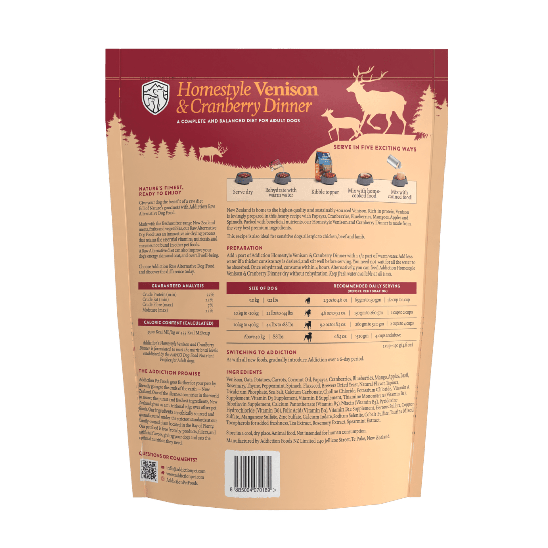Homestyle Venison & Cranberry Air - Dried Dog Food 910g - Addiction Singapore